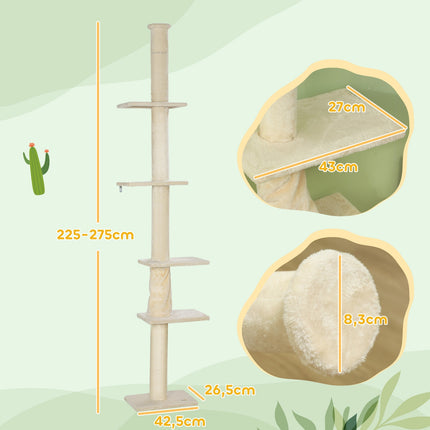 Kočičí strom až ke stropu s plošinami, 225-275 cm, krémová