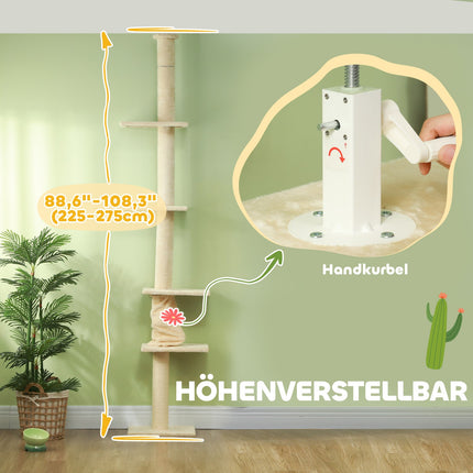 Kočičí strom až ke stropu s plošinami, 225-275 cm, krémová