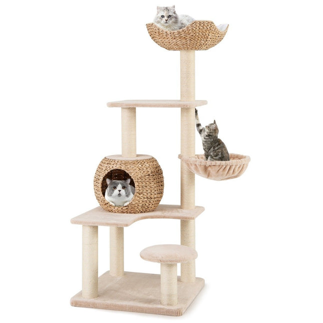 Krabpaal met kattenhol 150 cm hoog krabpaal met hangmat tot 10 kg beige + naturel