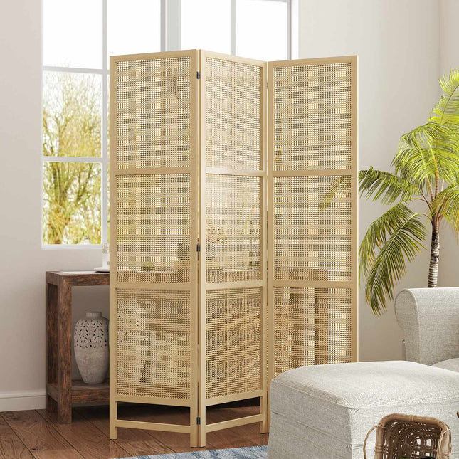 Scherm 3-delig 135 x 180 cm scheidingswand van PP-rotan, opvouwbare scheidingswand, privacyscherm voor woonkamer, naturel