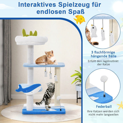 Seaside Scratching Post 3 Tier Cat Tower with Sisal Covered Posts Blue 49 x 38 x 86 cm