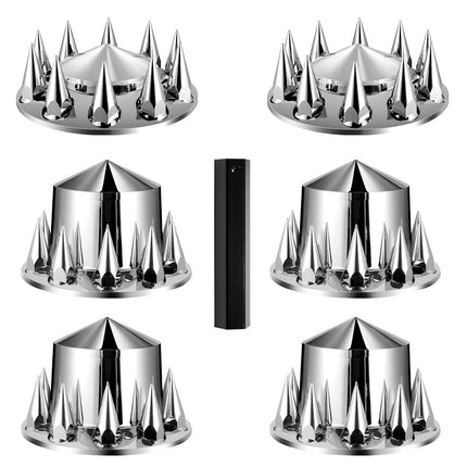 Semi Truck Axle Covers, 6 Piece Spiked Front and Rear Kit, ABS, Silver