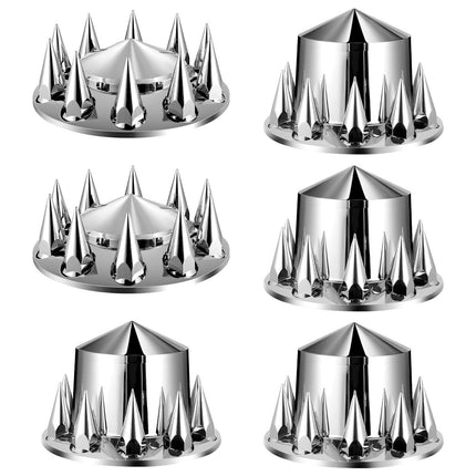 Semi Truck Axle Covers, 6 Piece Spiked Front and Rear Kit, ABS, Silver