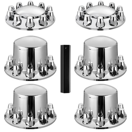 Semi Truck Axle Hub Covers, 2 Front and 4 Rear, 10-Hole Rims, Silver