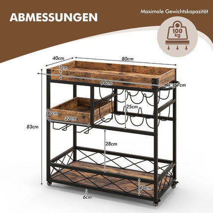 Serving Trolley 3 Tier Rolling Bar Trolley with Removable Tray 80 x 40 x 83 cm Rustic Brown