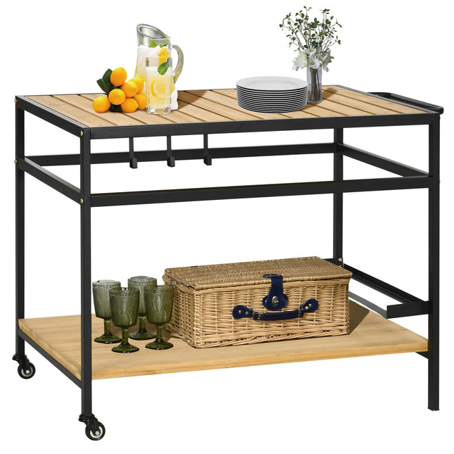 Serveerwagen, Barbecuewagen Met 2 Planken, Keukenwagen Met Haken, Multifunctionele Buitentafel Op Wielen, Naturel, 107 X 65 X 80Cm