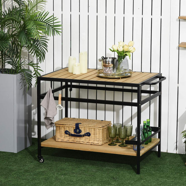 Serveerwagen, Barbecuewagen Met 2 Planken, Keukenwagen Met Haken, Multifunctionele Buitentafel Op Wielen, Naturel, 107 X 65 X 80Cm