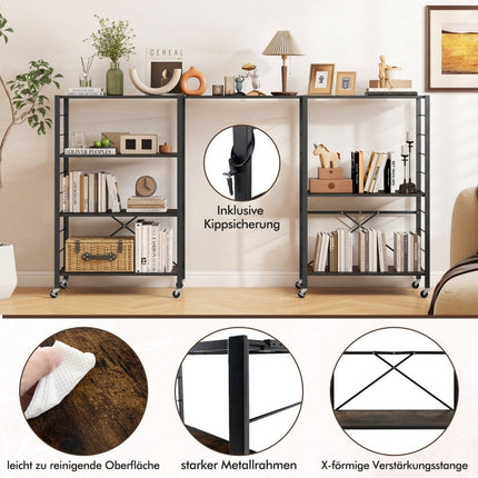 Vozík servírovací skládací 4patrový kuchyňský s odnímatelnými kolečky 76 x 36 x 122 cm, černý + rustikální hnědý