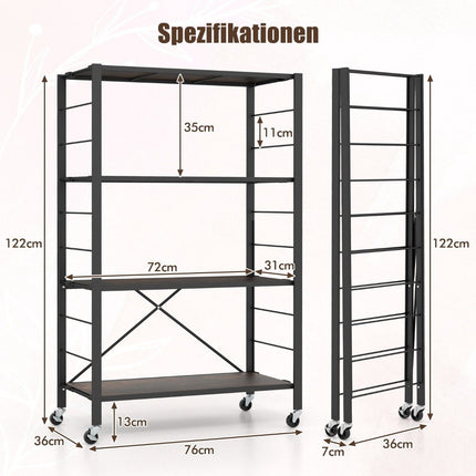 Vozík servírovací skládací 4patrový kuchyňský s odnímatelnými kolečky 76 x 36 x 122 cm, černý + rustikální hnědý