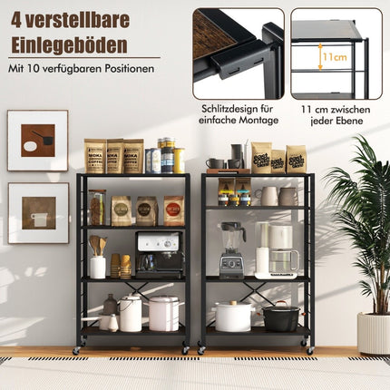 Vozík servírovací skládací 4patrový kuchyňský s odnímatelnými kolečky 76 x 36 x 122 cm, černý + rustikální hnědý