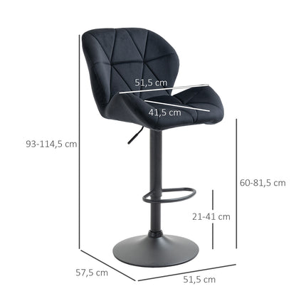 Sada 2 ks černých otočných barových stoliček, samet, nastavitelná výška