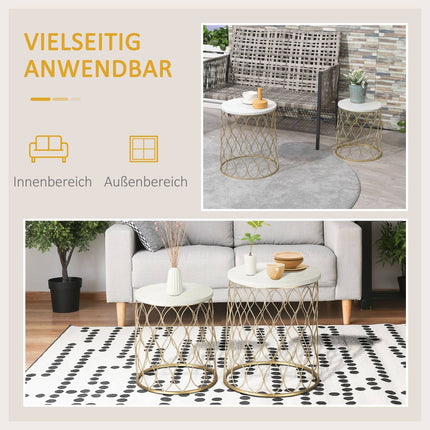 Set of 2 metal outdoor side tables, gold & white design