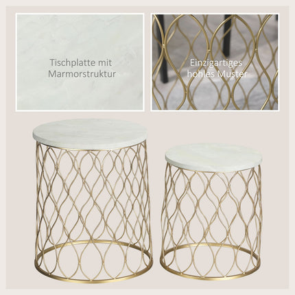 Set of 2 metal outdoor side tables, gold & white design