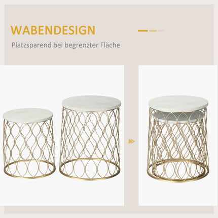 Set of 2 metal outdoor side tables, gold & white design