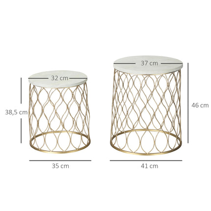 Set of 2 metal outdoor side tables, gold & white design