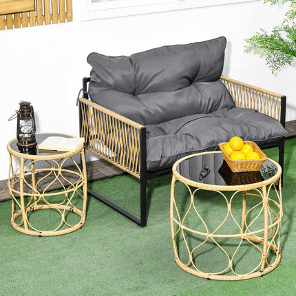 Rattan side table, set of 2, stackable glass top