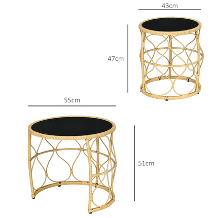 Rattan side table, set of 2, stackable glass top