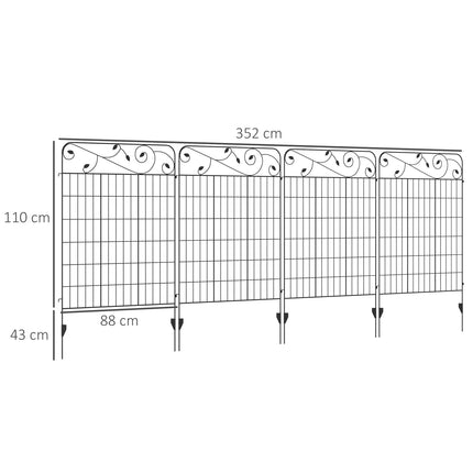 Dekorativní zahradní plot z černého kovu, 3.52 x 1.1 m, 4 ks