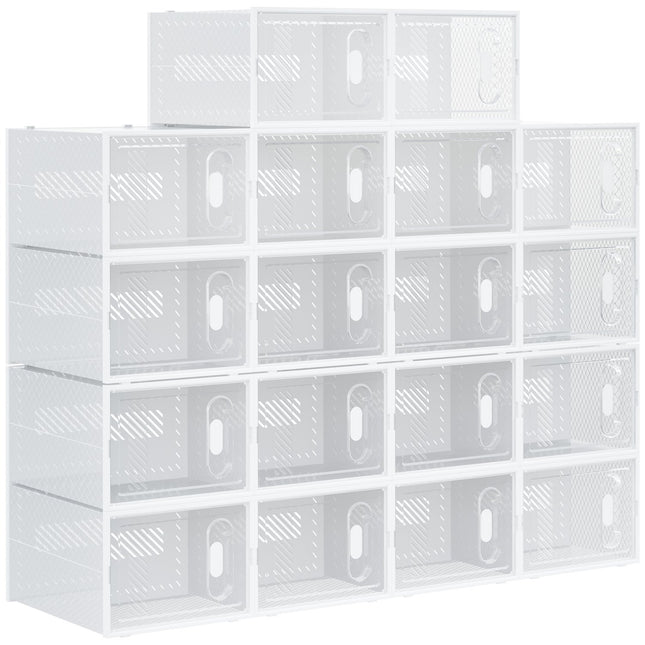 Set van 18 schoenendozen, schoenenorganizer met magnetische deuren, schoenendoos met deksel, kunststof schoenenopberger, voor schoenen tot maat 45, transparant + wit Aosoom