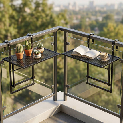 Set of 2 Adjustable 48" Balcony Railing Tables, Black Metal