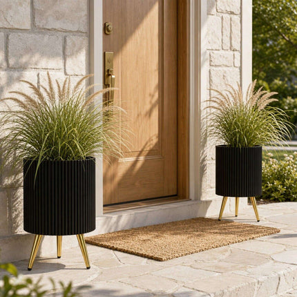 Set of 2 Black Metal Planters with Gold Legs and Drainage