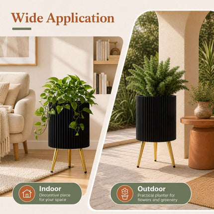 Set of 2 Black Metal Planters with Gold Legs and Drainage