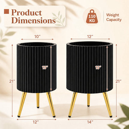 Set of 2 Black Metal Planters with Gold Legs and Drainage