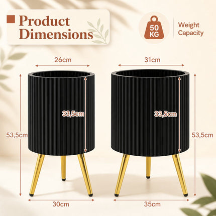 Set of 2 Black Metal Planters with Gold Legs and Drainage