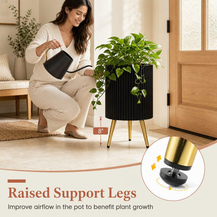 Set of 2 Black Metal Planters with Gold Legs and Drainage