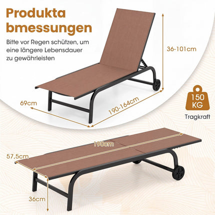 Set of 2 Brown Sun Loungers with Wheels & Adjustable Backrest