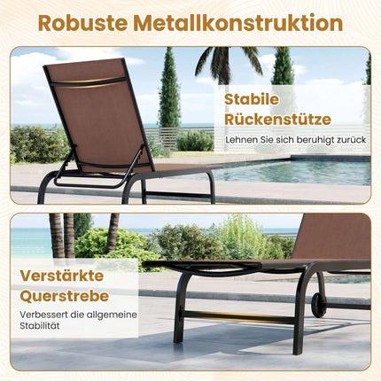Set of 2 Brown Sun Loungers with Wheels & Adjustable Backrest