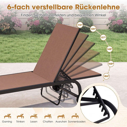 Set of 2 Brown Sun Loungers with Wheels & Adjustable Backrest