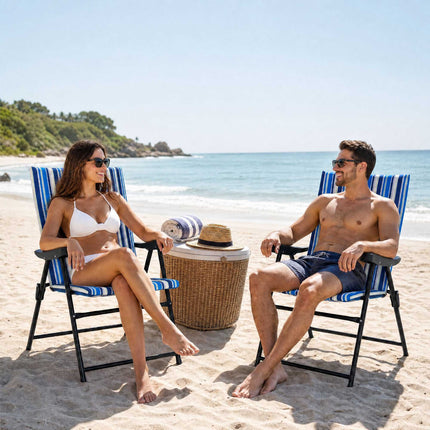 Set of 2 Folding Beach Chairs, High Backrest, 150 kg Capacity