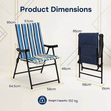 Set of 2 Folding Beach Chairs, High Backrest, 150 kg Capacity