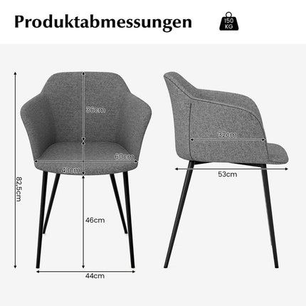 Sada 2 ks šedých ergonomických jídelních židlí se lněným sedákem