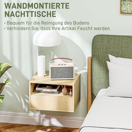 Floating bedside table - natural wood, drawer, shelf