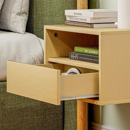 Floating bedside table - natural wood, drawer, shelf