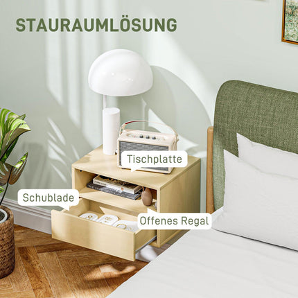 Floating bedside table - natural wood, drawer, shelf