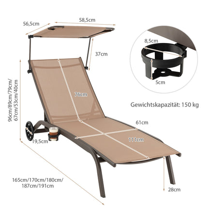 Set of 2 Metal Patio Loungers with Canopy & Wheels