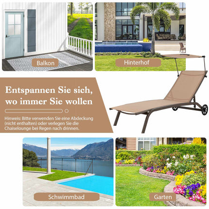Set of 2 Metal Patio Loungers with Canopy & Wheels