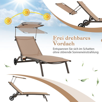 Set of 2 Metal Patio Loungers with Canopy & Wheels