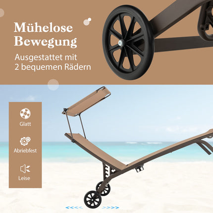 Set of 2 Metal Patio Loungers with Canopy & Wheels