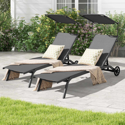 Set of 2 Reclining Sun Loungers with Canopy & Wheels