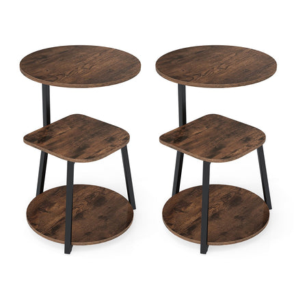 Set of 2 Round 3-Tier Side Tables, Brown Wood, Metal Frame
