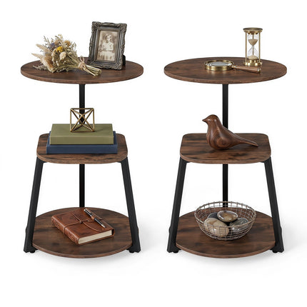 Set of 2 Round 3-Tier Side Tables, Brown Wood, Metal Frame