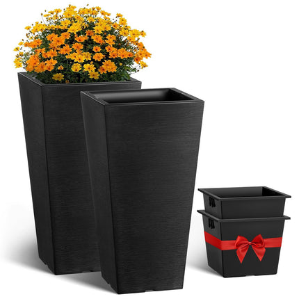 Set of 2 Tall Outdoor Planters, 22-Inch Black Square, Drainage