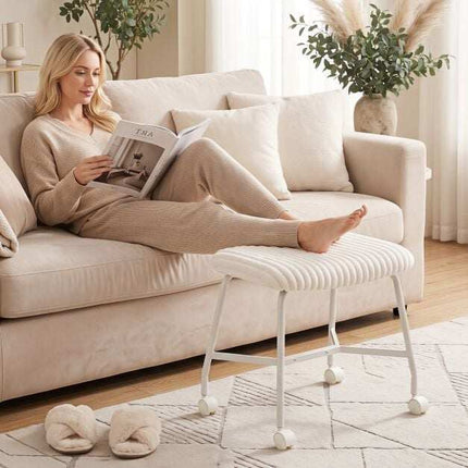 Set of 2 White Upholstered Rolling Stools with Casters