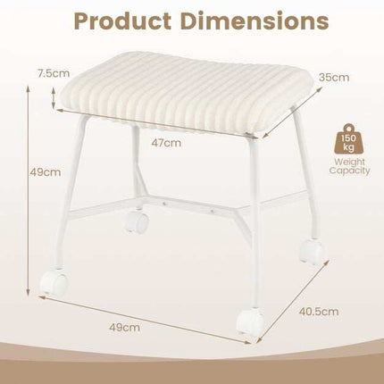 Set of 2 White Upholstered Rolling Stools with Casters