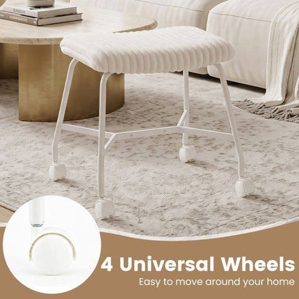 Set of 2 White Upholstered Rolling Stools with Casters