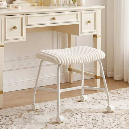 Set of 2 White Upholstered Rolling Stools with Casters
